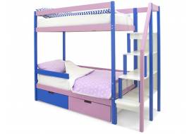 Двухъярусная кровать Svogen с ящиками и бортиком синий-лаванда