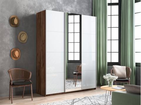 Шкаф-купе Прайм 3-х дверный 2100 два Стекла Белые/Зеркало Крафт табачный