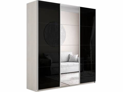 Шкаф-купе Прайм Широкий 3-х дверный два черных стекла/зеркало Ясень Анкор Светлый