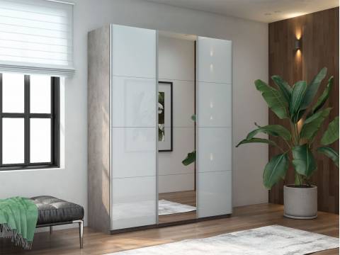 Шкаф-купе Прайм Широкий 3-х дверный два белых стекла/зеркало Бетон