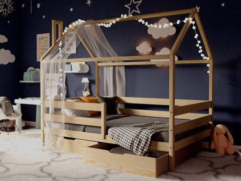 Кроватка-Домик без покраски 80х160 см с ящиками