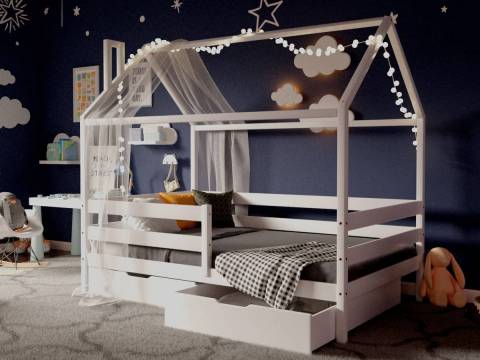 Кроватка-Домик белый 80х190 см с ящиками